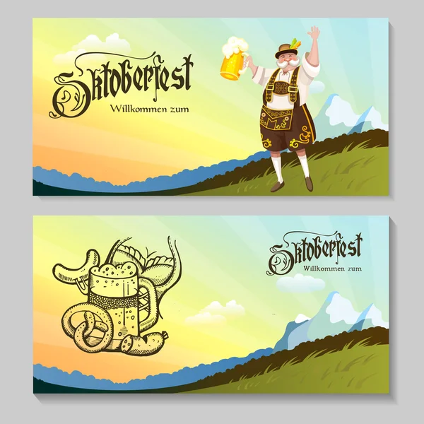 Oktoberfest. Een set posters. Een Duitse in nationale jurk met een — Stockvector