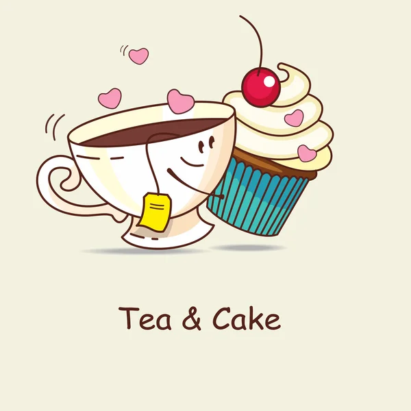Tea and cake, love forever. Tea and cake hug. Comic, cartoon. Ve — Stock Vector