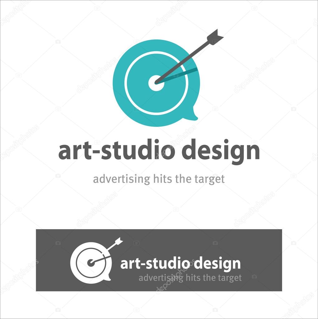 Design Studio, logo. Advertising hits the target. Slogan. The corporate style. The target and the arrow.