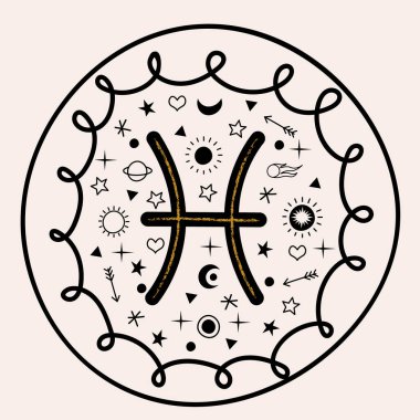 Zodiac Balık burcu. Yıldız falı ve astroloji. Vektör çizimi. Yuvarlak amblem. 