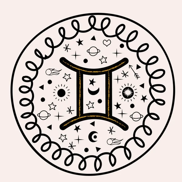 Gémeaux Signe Zodiaque Illustration Vectorielle Dessinée Main Emblème Rond Constellation — Image vectorielle