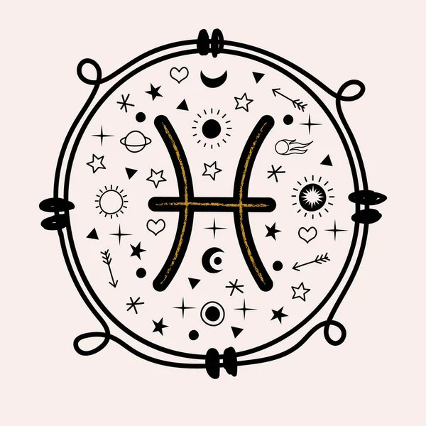 Segno Dei Pesci Zodiacali Oroscopo Astrologia Illustrazione Vettoriale Emblema Rotondo — Vettoriale Stock