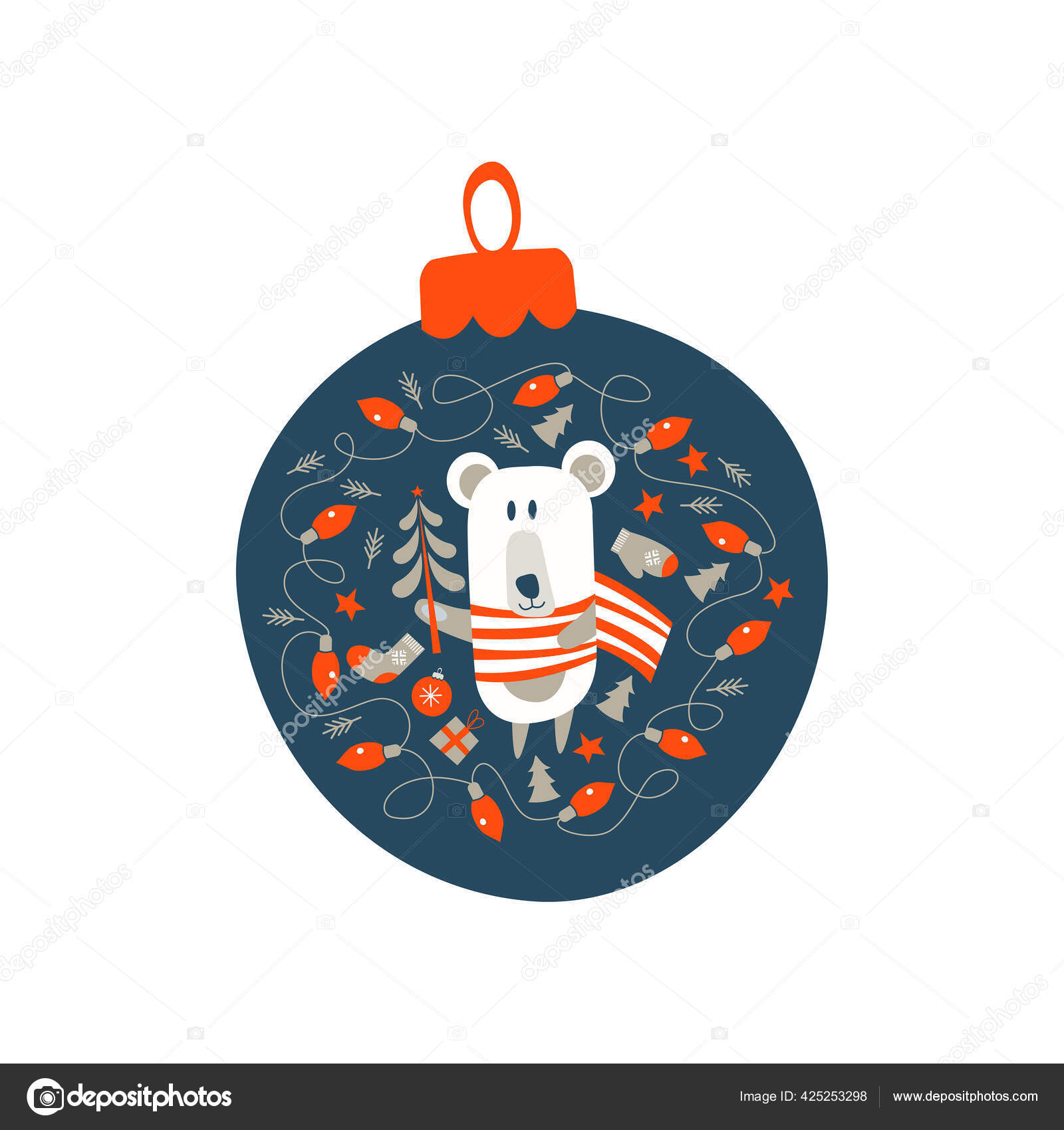 クリスマスの装飾クリスマスボール 縞模様のスカーフで身を包んだかわいいクマとクリスマスの装飾に囲まれています ベクターイラスト ストックベクター C Katedemianov