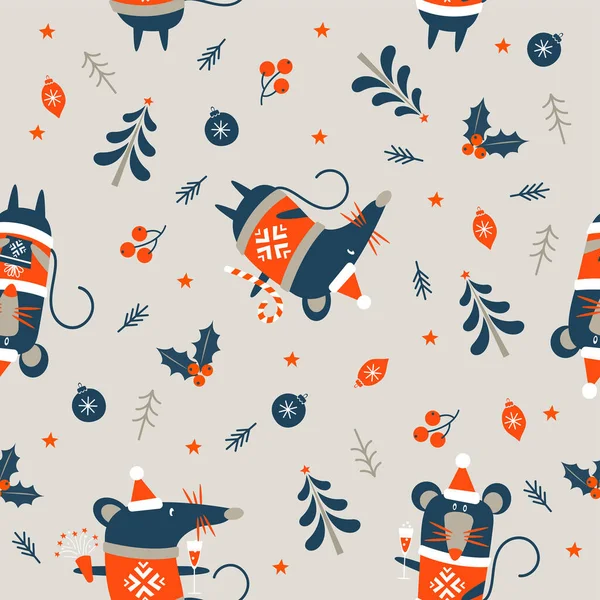 淡淡的背景上没有缝隙的圣诞图案 小老鼠年 鼠标和圣诞装饰 矢量说明 — 图库矢量图片