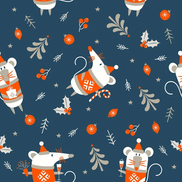 深蓝色背景的无缝隙圣诞图案 小老鼠年 白色鼠标和圣诞装饰 矢量说明 — 图库矢量图片