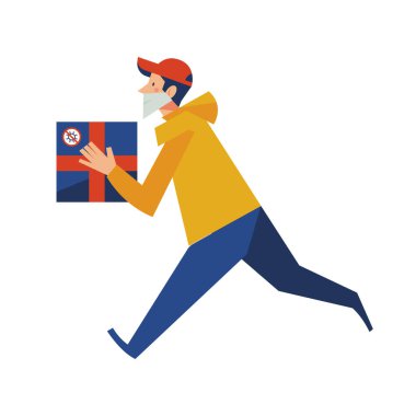 Teslimat. Temassız teslimat. Tıbbi maskeli bir kurye bir kutu teslim eder. Karantina sırasında internetten alınmış. Çevrimiçi uygulama. Teslimat. Temassız teslimat. Tıbbi maskeli bir kurye bir kutu teslim eder. Karantina sırasında online alımlar