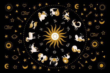 Yıldız falı ve astroloji. Burçlarda burcun on iki işareti var. Zodiacal çember. Burç, Koç, Boğa, İkizler, Kanser, Aslan, Başak, Terazi, Akrep, Yay, Oğlak, Kova, Balık burcuna işaret eder. Vektör illüstrasyonu.