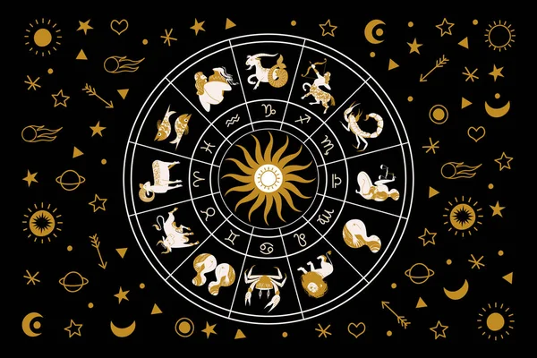 Yıldız falı ve astroloji. Burçlarda burcun on iki işareti var. Zodiacal çember. Burç, Koç, Boğa, İkizler, Kanser, Aslan, Başak, Terazi, Akrep, Yay, Oğlak, Kova, Balık burcuna işaret eder. Vektör illüstrasyonu.