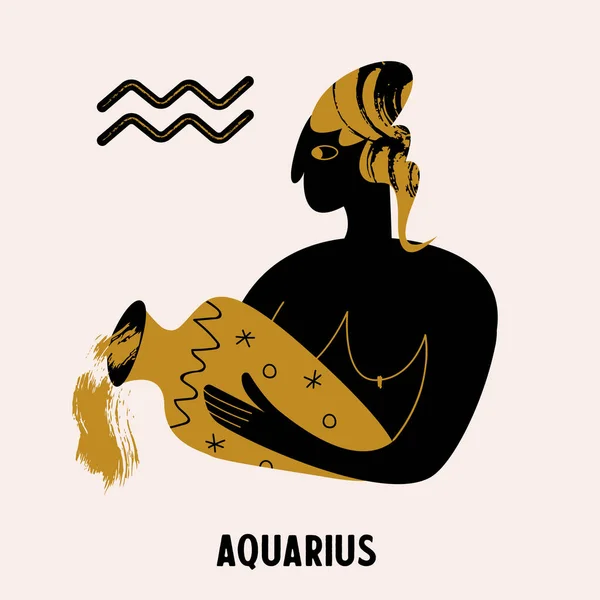 Horoscope Astrology Zodiac Sign Aquarius Black Gold Vector Illustration Flat — Stock Vector