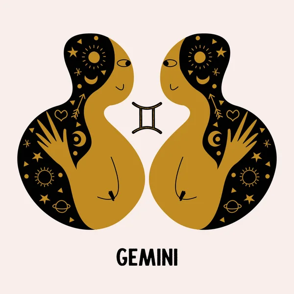 Tvillingar Zodiac Tecken Två Flickor Tvillingar Astrologer Ikonen Konstellation Gemini — Stock vektor