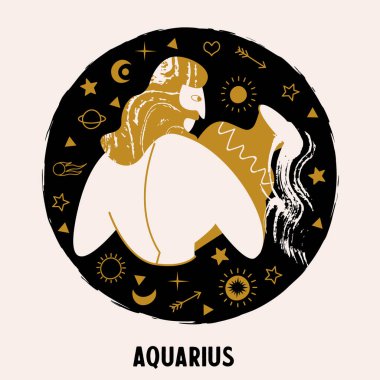 Yıldız falı ve astroloji. Zodyak, Kova burcu. Elinde vazo olan Kova burcu. Mitolojik vektör yuvarlak amblemi düz bir şekilde. Altın ve siyah.