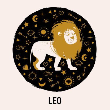 Zodyak aslanının işareti. Leo Takımyıldızı. Düz bir şekilde vektör illüstrasyonu. Yıldız falı ve astroloji