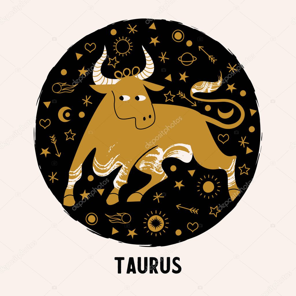 Taurus is a sign of the zodiac. Horoscope and astrology. Round vector emblem, Golden Taurus on a background of Golden stars and planets.