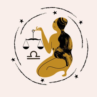 Terazi. Terazi Takımyıldızı. Çıplak bir kadın terazi tutuyor. Düz biçimli vektör illüstrasyonu.