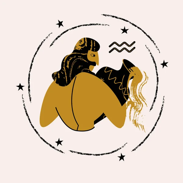 ホロスコープと占星術 星座はアクエリアス 花瓶を持つアクエリアス男 神話のベクトル図をフラットなスタイルで表示します 金と黒 — ストックベクタ