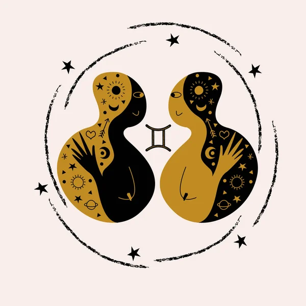 ジェミニ ゾディアックサイン 二人の女の子は双子です 占星術師のアイコン ジェミニの星座 平面図のベクトル図 — ストックベクタ