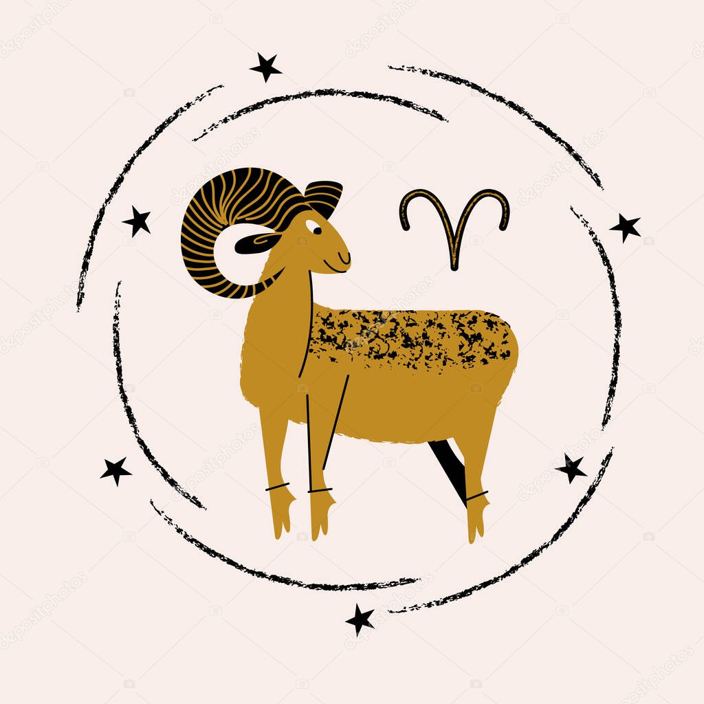 Aries zodiac sign. Golden Aries on a light background. Horoscope and astrology. Vector illustration in a flat style.
