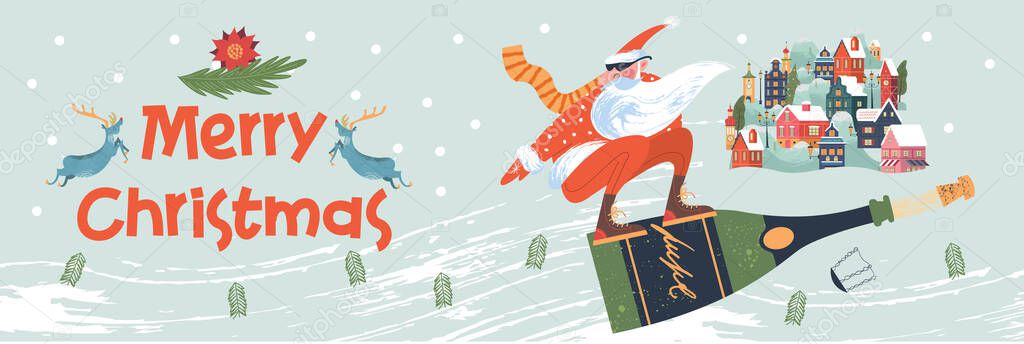 Merry Christmas. Santa Claus is flying a bottle of champagne over a small town. Vector illustration, greeting card.
