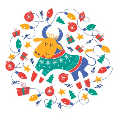 2021 'in sembolü, hediye ve Noel süslemeleri ile çevrili renkli örgü süveter giymiş bir boğa. Beyaz arkaplanda vektör illüstrasyonu.