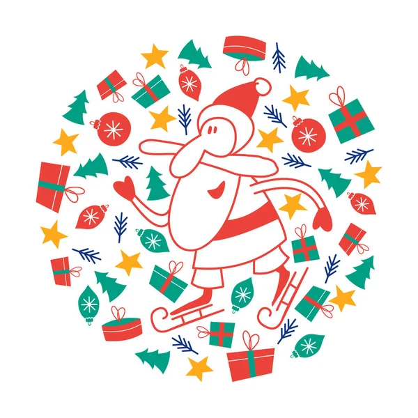 Счастливого Санта Клауса Коньках Окружении Подарков Рождественских Елок Звезд Рождественских — стоковый вектор
