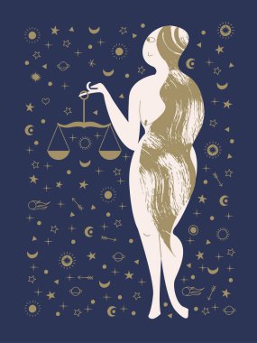 Pullar. Terazi Takımyıldızı. Çıplak bir kadın yıldızlarla çevrili bir tartı tutar. Düz bir şekilde vektör illüstrasyonu.