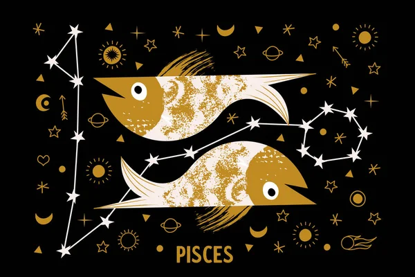 Sign Zodiac Pisces Horoscope Astrology Vector Illustration Pisces Black Background — Stock Vector