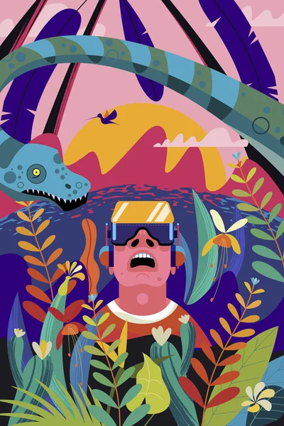 Realidad Virtual Hombre Con Gafas Realidad Virtual Selva Mesozoica Aventuras — Vector de stock