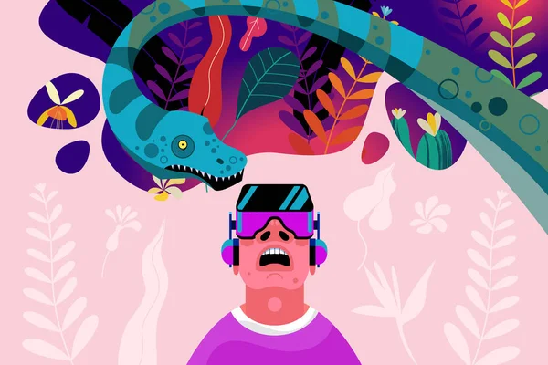 仮想現実 メソゾスのジャングルに仮想現実の眼鏡をかけた男 恐竜やヘビの冒険 ベクターイラスト — ストックベクタ