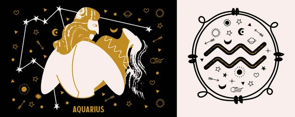 Horoskop Dan Astrologi Tanda Zodiak Aquarius Aquarius Manusia Dengan Vas - Stok Vektor