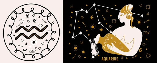 Horoskop Astrologie Znamení Zvěrokruhu Vodnář Žena Vázou Vodnářská Žena Mezi — Stockový vektor