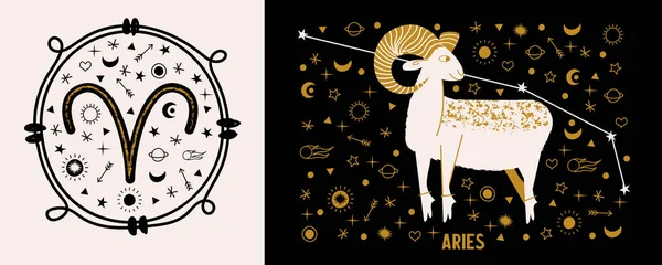 Znamení Aries Zodiac Beran Černém Pozadí Obklopen Zlatými Hvězdami Planetami — Stockový vektor