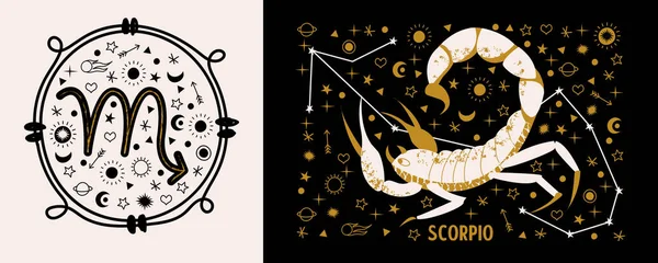 Escorpión Blanco Dorado Rodeado Estrellas Contra Cielo Nocturno Constelación Escorpio — Archivo Imágenes Vectoriales