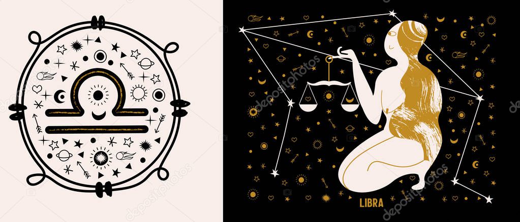 Scales. Constellation Of Libra. A naked woman holds a scale surrounded by stars. Vector illustration in a flat style.