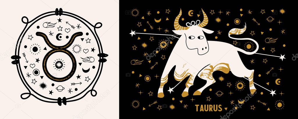 Taurus is a sign of the zodiac. White and gold mythological bull on the background of the starry sky. Golden stars, planets, comets, and the constellation of Taurus.