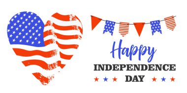 Bağımsızlık Gününüz kutlu olsun. Amerika Birleşik Devletleri bayrağının renginde bir kalp. Vektör kartpostalı, beyaz arkaplanda illüstrasyon.