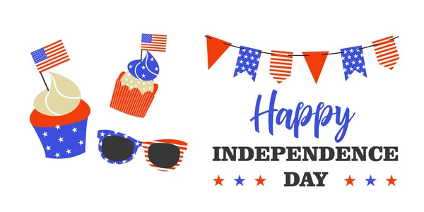 Χαρούμενη Ημέρα Ανεξαρτησίας Ένα Κέικ Και Γυαλιά Ηλίου Στα Χρώματα — Διανυσματικό Αρχείο