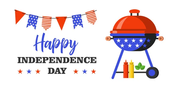 Χαρούμενη Ημέρα Ανεξαρτησίας Φωτεινό Πολύχρωμο Μπάρμπεκιου Και Σημαίες Της Αμερικής — Διανυσματικό Αρχείο