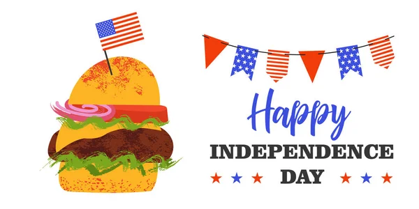 Χαρούμενη Ημέρα Ανεξαρτησίας Ένα Νόστιμο Χάμπουργκερ Και Σημαία Της Αμερικής — Διανυσματικό Αρχείο