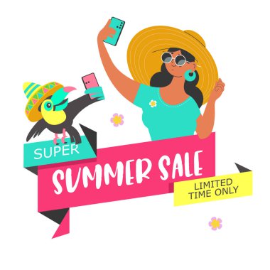 Summer sale. Vector poster, banner in flat cartoon style. A girl and a toucan in straw hats take a selfie. A bright summer illustration.