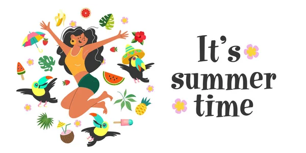 Summer Time Happy Girl Happy Toucans Fruits Flowers Vector Summer — Archivo Imágenes Vectoriales