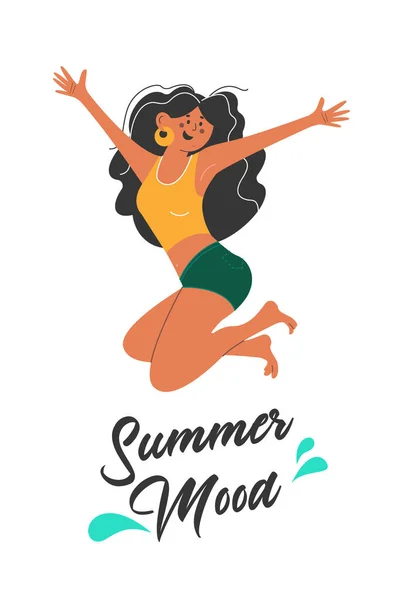 Summer Mood Cheerful Tanned Girl Happily Jumps Vector Illustration White — Stockvector