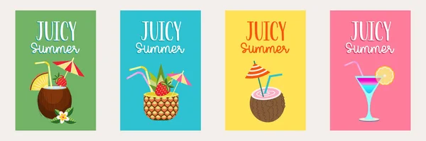 Set Bright Summer Posters Juicy Summer Collection Tropical Cocktails Coconut — ストックベクタ