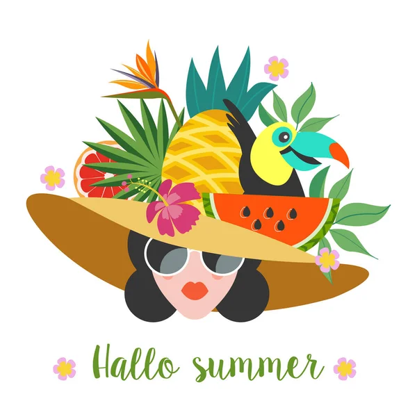 Hallo Zomer Heldere Zomer Kleurrijke Illustratie Een Mooi Meisje Een — Stockvector