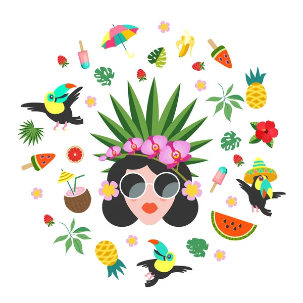 Bonjour Été Illustration Colorée Été Lumineuse Une Belle Fille Lunettes — Image vectorielle