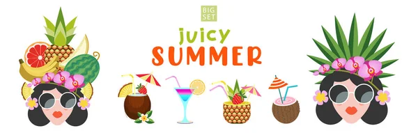 Juicy Summer Summer Bright Poster Beautiful Girl Hairstyle Decorated Exotic — Διανυσματικό Αρχείο