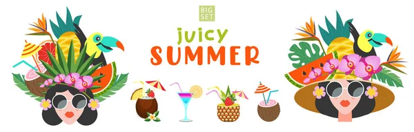 Juicy Summer Summer Bright Poster Beautiful Girl Hairstyle Decorated Exotic — Διανυσματικό Αρχείο