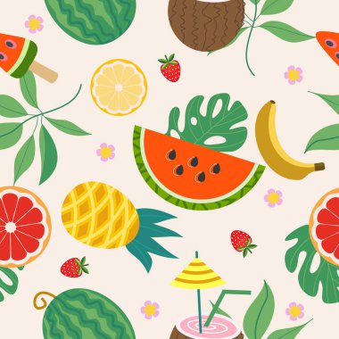 Yaz ayları parlak vektörsüz desen, sulu ananas, muz, karpuz ve hafif arka planda hindistan cevizi kokteyli..
