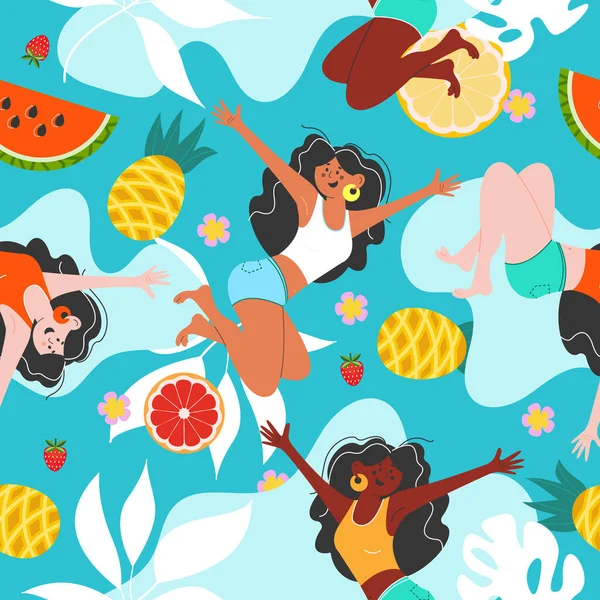 Summer Bright Vector Seamless Pattern Funny Girls Juicy Pineapples Watermelons —  Vetores de Stock