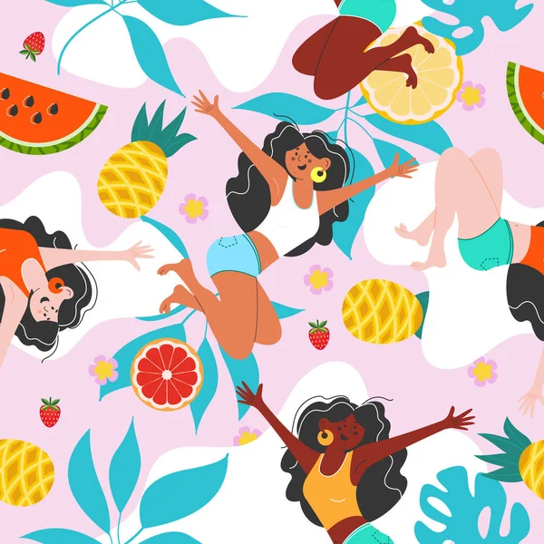 Summer Bright Vector Seamless Pattern Funny Girls Juicy Pineapples Watermelons —  Vetores de Stock