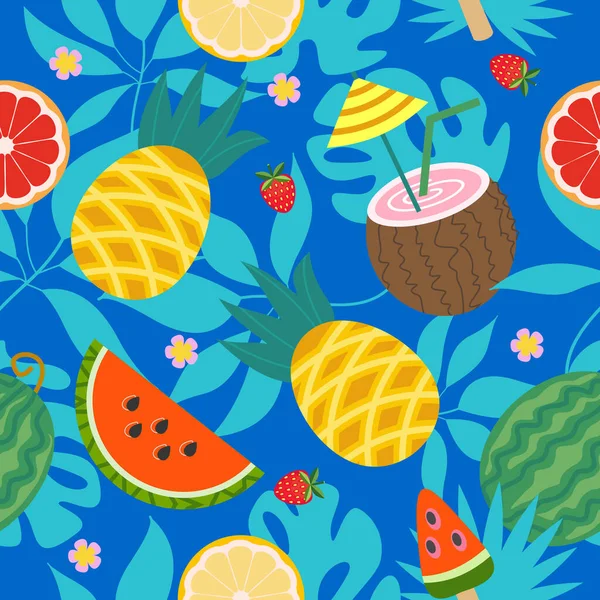 ジューシーな果物や熱帯の葉やココナッツカクテルと夏の明るいベクトルシームレスパターン 青と黄色の背景で — ストックベクタ